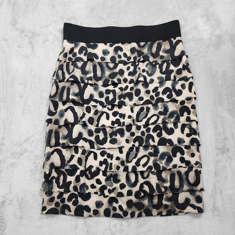 Vintage Alfani Skirt Womens 8 Beige‎ Leopard Ruffle Tiered Pencil Lined Stretch